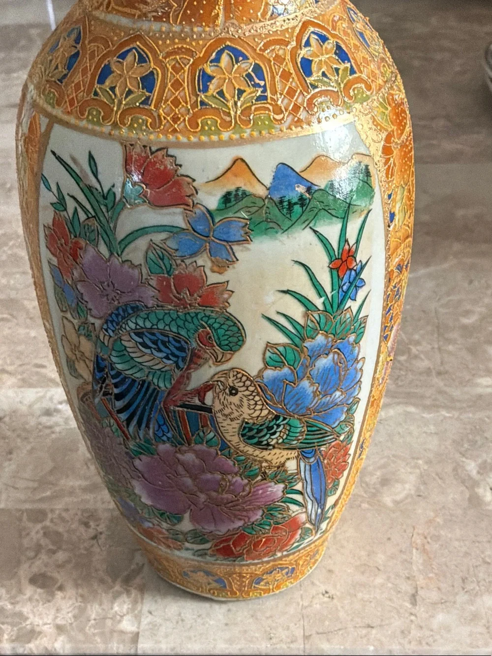 Hand-Painted Floral & Bird Ceramic Vase in Gold and Multicolor